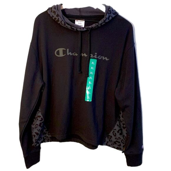 CHAMPION HOODIE NWT Women’s XL Black Gray Detail Hood Sides Popover Sweatshirt. - Picture 1 of 15